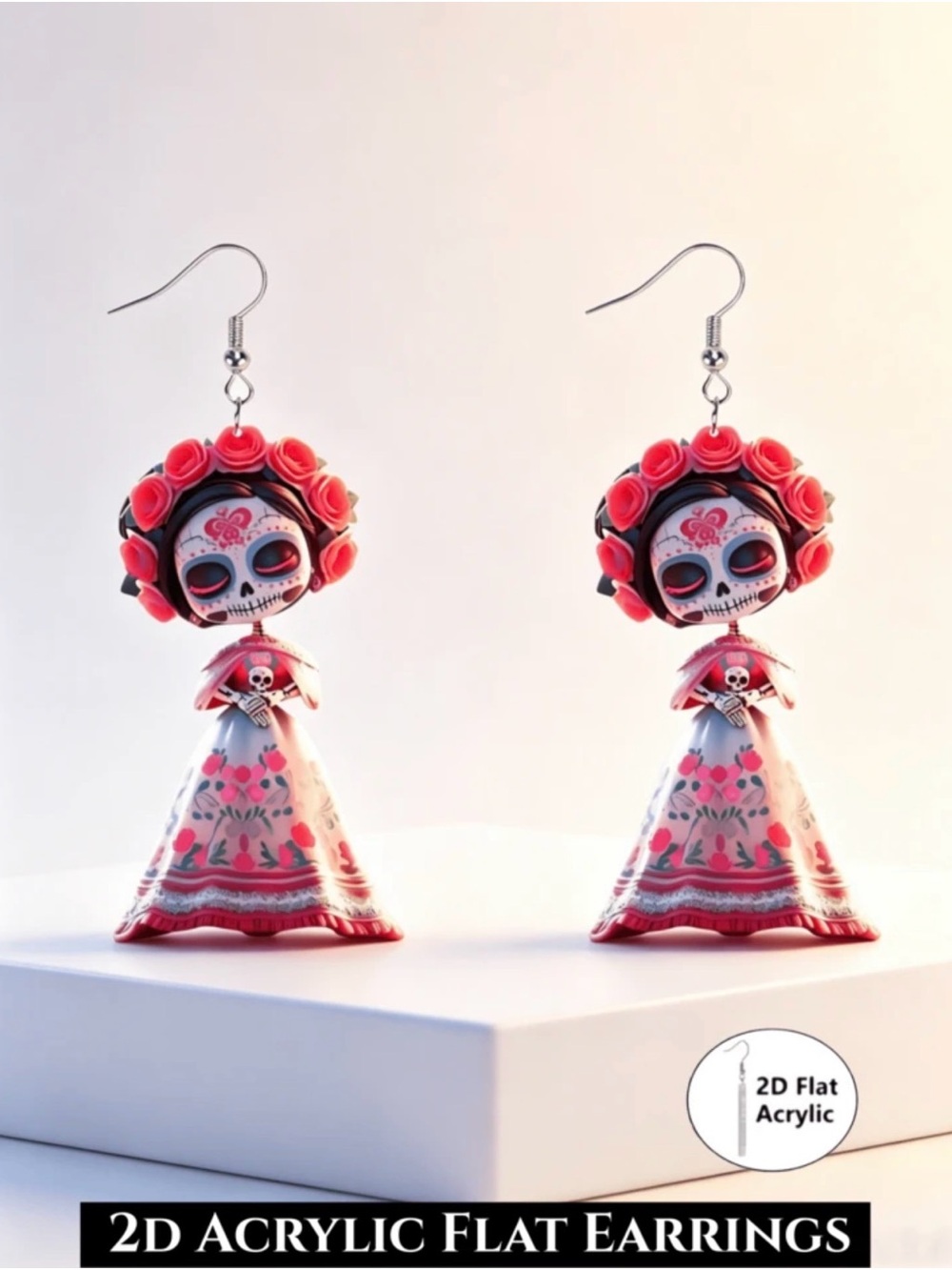 Day of the Dead Sugar Skull Floral Drop Earrings - Pink